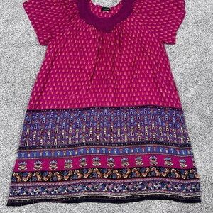 Marisol Dark Pink Floral Pattern Cotton Lined Golden Thread Midi Dress XXL